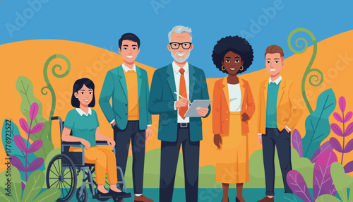 Diverse professional team standing together promoting inclusion and equity in business