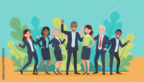 Diverse business team smiling and waving enthusiastically Teamwork and professional success