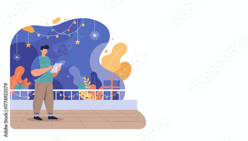 Man using a tablet on a festive decorated balcony at night planning a celebration or holiday event