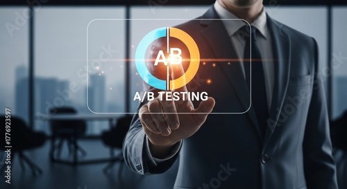 Man in suit touching a b testing interface with city background and conference room behind him