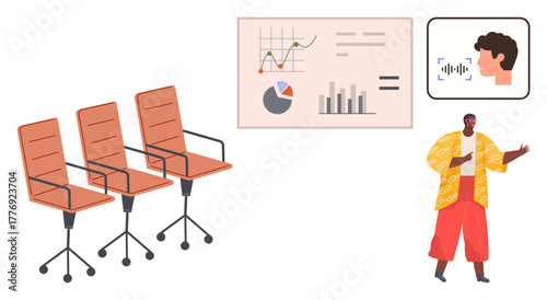 Conference chairs, data charts with graphs and pie, speaker gesturing, microphone icon. Ideal for teamwork, presentation, leadership, analysis, communication education flat metaphor