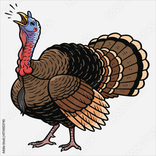 A cartoon turkey with a blue head and brown feathers appears angry or surprised, standing against a plain white background.