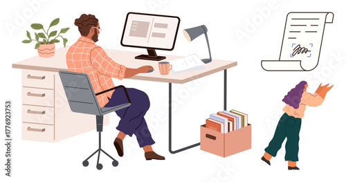 Man works at desk with computer, lamp, and files while woman carries paper for signing. Ideal for teamwork, productivity, collaboration, organization, office culture, remote work simple flat