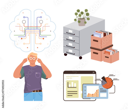 Man pondering ideas with data charts, files stacked for organization, brain-style mind mapping, and analytics visuals. Ideal for innovation, research, strategy, organization, analysis