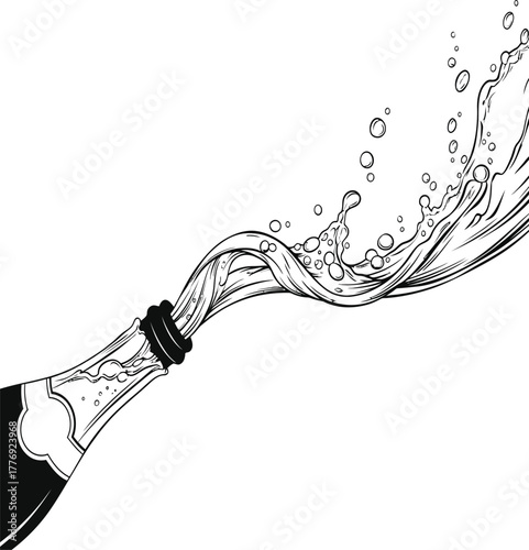 Black and white line art of champagne bottle pouring liquid splash and bubbles vector illustration