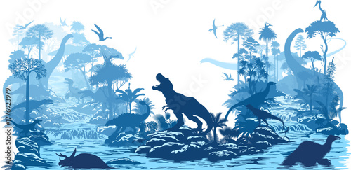 vector river in rainforest jungle with dinosaurs: t-rex, patagotitan, neovenator, styracosaurus, utahraptor, spynosaurus, ankylosaurus, triceratops, tyrannosaurus, carnotaurus, deinocheirus