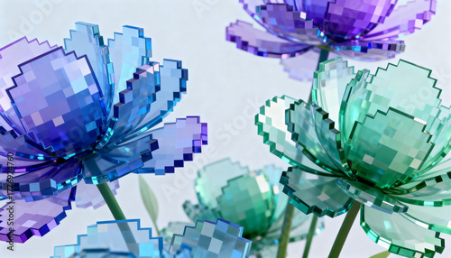 Fototapeta Naklejka Na Ścianę i Meble -  Abstract 3D floral geometry made of pixels and glass, vibrant yet calm, futuristic organic harmony, wallpaper 
