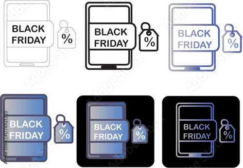Black Friday smartphone promotion icons set with tag and percentage for sales