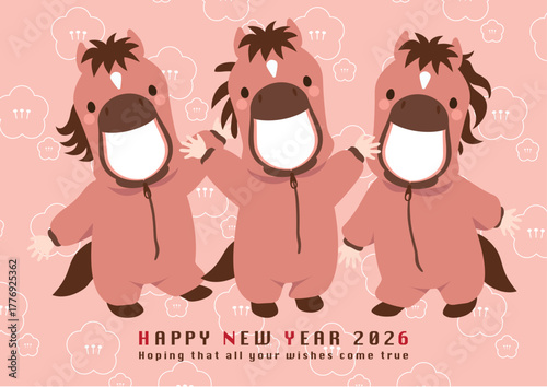 写真の顔をはめ込むことができる3人用の馬の着ぐるみの年賀状用ベクターイラスト