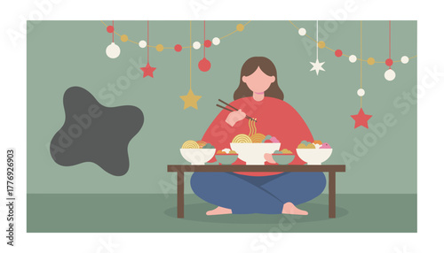 Woman eating noodles with chopsticks at a festive table Cozy dining flat illustration