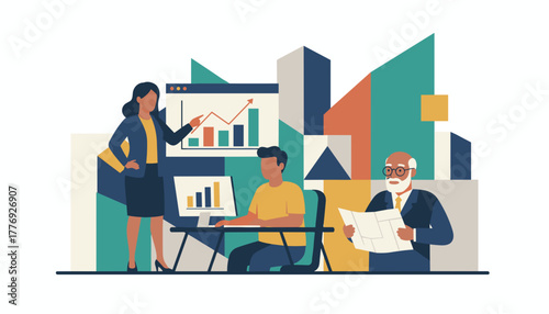 Diverse business team analyzing data growth metrics Corporate strategy and financial success illustration