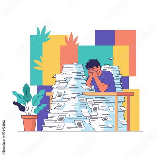 Overwhelmed worker faces burnout and stress from excessive workload and endless paperwork