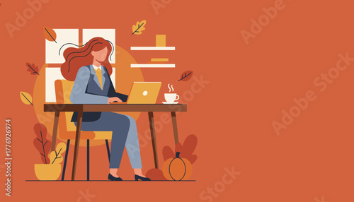 Professional woman working remotely on laptop in cozy autumn home office setting