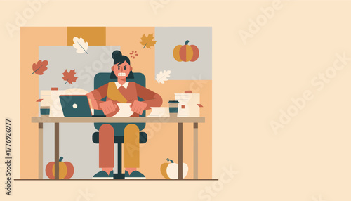 Furious employee overwhelmed by deadlines and high workload during the stressful autumn season