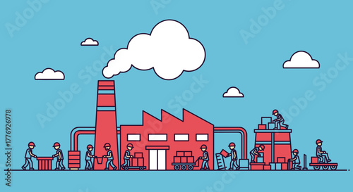 Flat vector illustration of factory production with workers managing materials and shipping