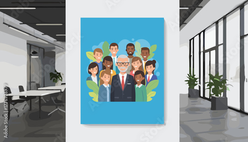 Diverse team illustration with business leader on a wall in a bright modern corporate office