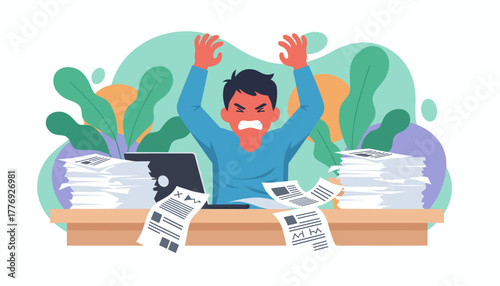 Overwhelmed and angry worker stressed by huge workload and paperwork at the office desk