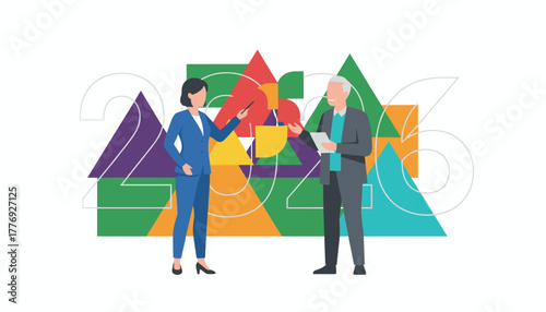 Business planning for 2026 goals Diverse team with abstract geometric strategy background