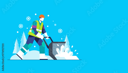 Worker in safety gear shoveling snow in a winter environment Seasonal maintenance illustration