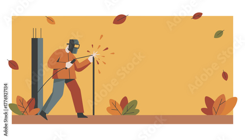 Welder at construction site in autumn flat design illustration