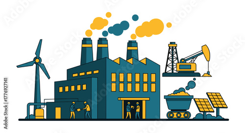 Industrial complex mixing factory fossil fuels mining solar power and wind energy illustration