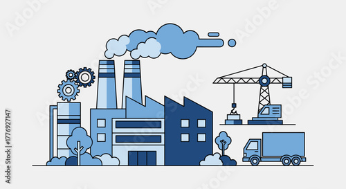 Industrial factory complex illustration with crane truck gears and pollution smoke