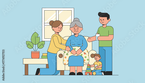 Multigenerational family caring for elderly relative at home Support compassion and wellbeing