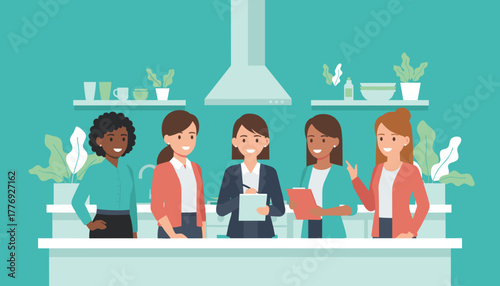 Diverse professional women collaborating in a bright modern office break room