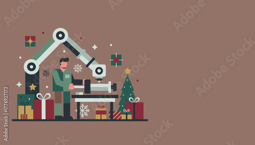 Flat illustration of factory worker automation and holiday gift production