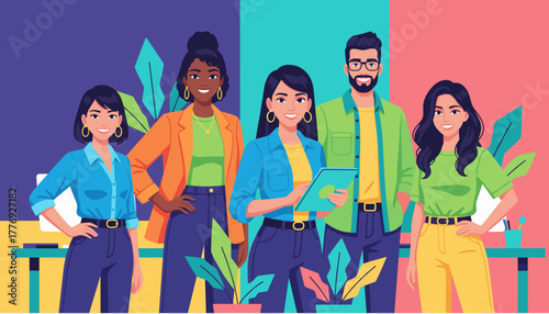 Diverse smiling business team standing together in a vibrant modern office environment