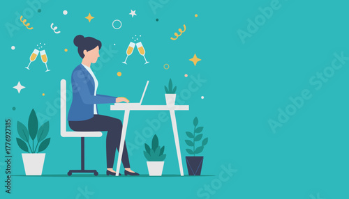 Businesswoman works on laptop celebrating success with festive vector elements