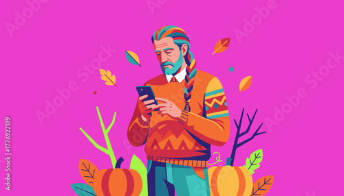 Stylish mature man texting on phone surrounded by fall foliage and pumpkins