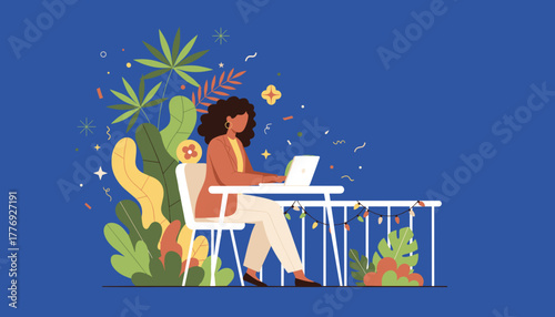 Woman working on laptop in a lush outdoor setting Remote work digital nomad and flexible professional lifestyle
