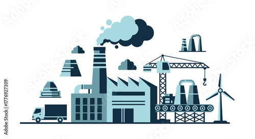 Industrial complex illustration featuring factory chimney pollution truck crane and wind energy