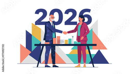 Business agreement for 2026 success Diverse leaders shake hands over charts and progress data