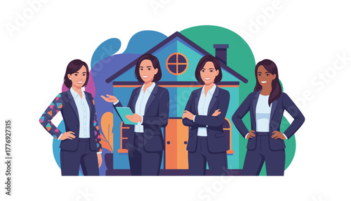 Successful female real estate team standing confidently before a property listing