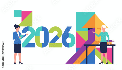 Business women forecast 2026 success using colorful geometric data visualization and future planning