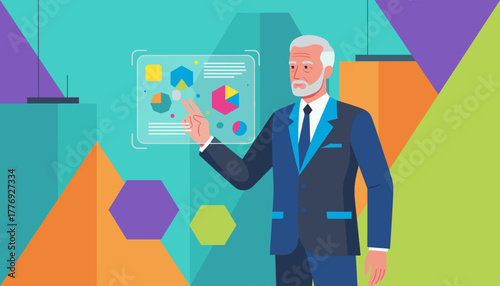 Senior executive presenting data on a futuristic holographic screen Business strategy concept