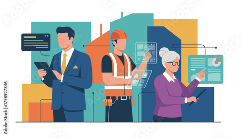 Diverse professionals managing data and business operations using technology