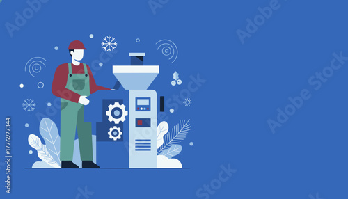 Factory worker using industrial equipment with winter decorations on blue background