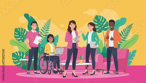 Diverse business team collaborating in a modern inclusive office lounge surrounded by tropical plants