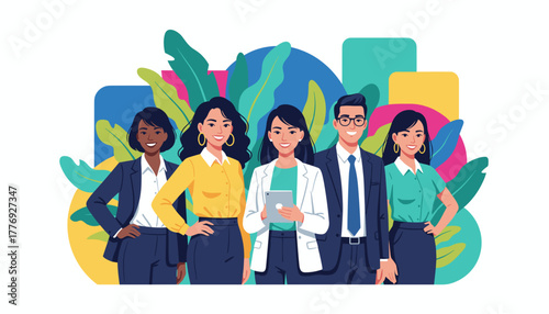 Diverse business team vector portrait Professionals showing confidence success and teamwork on a colorful background