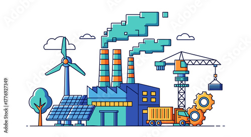 Modern industry illustration showing factory crane wind turbine and solar panels