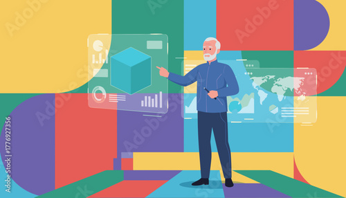 Senior professional analyzes data using virtual interface with 3D model and world map