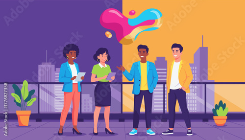 Diverse team on a rooftop discussing creative ideas Urban business concept illustration