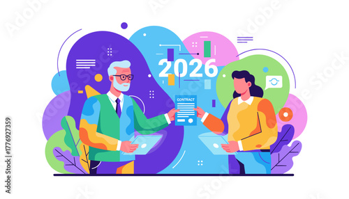 Business people exchanging contract documents for future planning and agreement year 2026