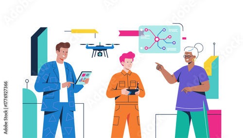 Diverse team analyzing drone technology and data planning future operations