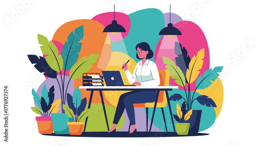 Creative workspace Woman working on laptop surrounded by vibrant tropical plants Productivity and design