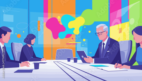 Corporate team collaboration in a modern boardroom focused on strategy amidst abstract colorful creativity