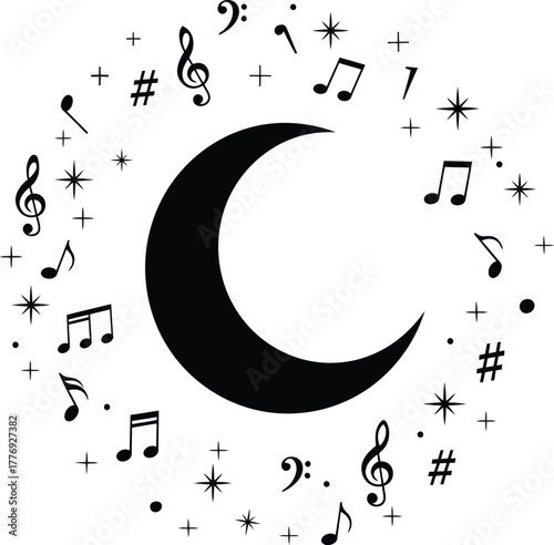 Crescent Moon Surrounded by Musical Notes and Stars on White Background vector illustration
